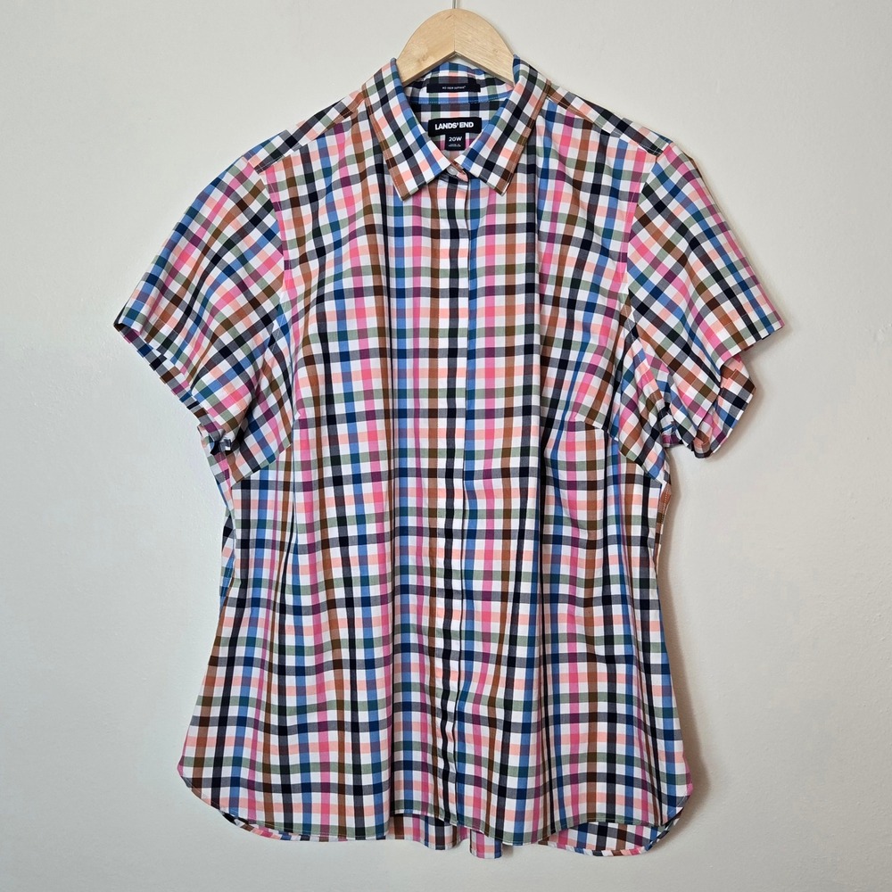 Lands End Women 20W No Iron Supima Cotton Short Sleeve Gingham Shirt Multi Color